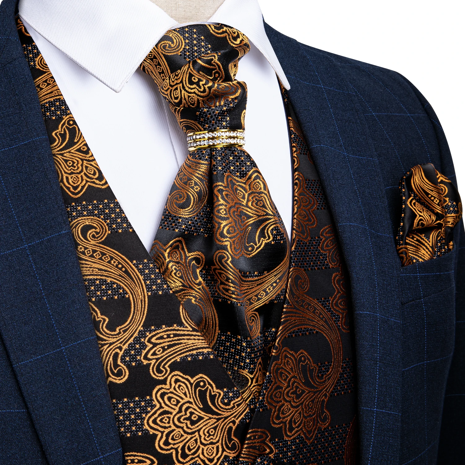 

Men Suit Vest Gold Paisley Floral Silk Wedding Waistcoat Men Ascot Tie Pocket Square Necktie Ring Set Sleeveless Jacket DiBanGu