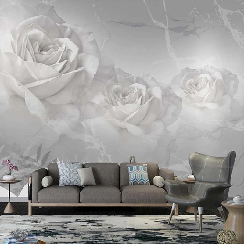 Custom Self-Adhesive Wallpaper Modern Jazz White Marble White Rose Flower Photo Wall Mural Living Room TV Waterproof 3D Stickers