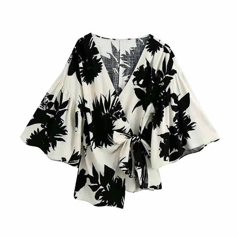 Блузка женская льняная с черным принтом V образным вырезом и бантом|Блузки| |