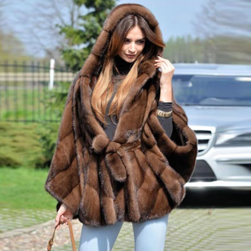 BFFUR 2022 Fashion Winter Mink Fur Jacket With Hood Natural Women Wholeskin Genuine Mink Fur Coats Bat Sleeved With Fur Belt