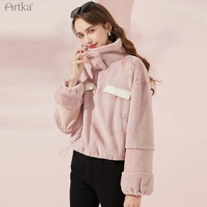 ARTKA 2021 Winter New Women Sweatshirt Fashion Casual Stand Collar Faux Rabbit Fur Coat PU Sleeve Thick Warm Sweatshirt WA20213D