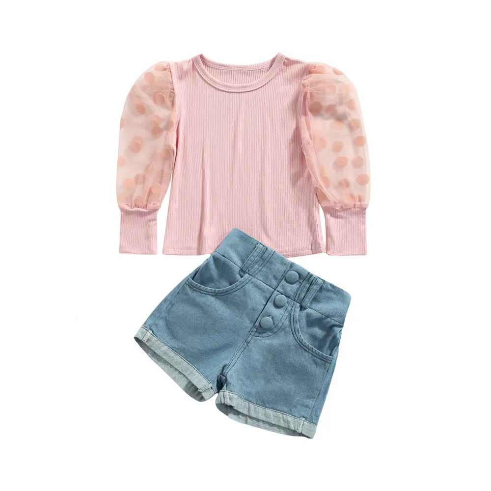 

Infant Kids Baby Girls Dots Mesh Long Sleeve Ribbed Shirt Denim Shorts 2Pcs Summer Autumn Solid Outfits