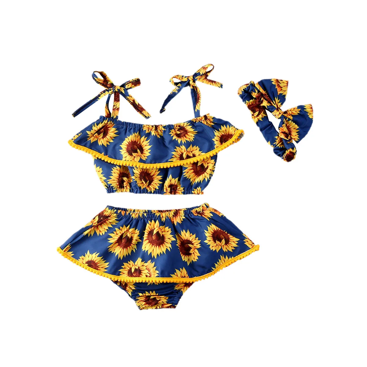 Ropa de verano para ni&ntilde;os y ni&ntilde;as, traje para reci&eacute;n nacidos con correa, Tops con estampado de girasol, pantalones cortos, ropa informal con diadema-1