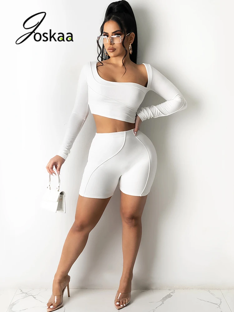 

Joskaa Women Skinny Black Set Two Pieces Matching Sets Long Sleeve T Shirt And Shorts Strench Active Suit Sportwear Fitness 2021