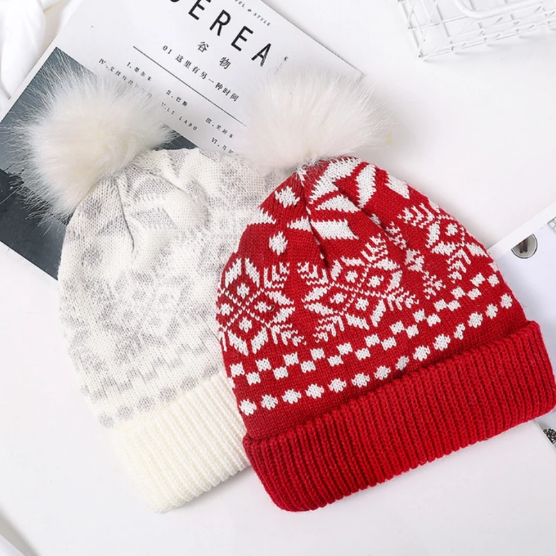 

Women Christmas Snowflake Winter Knitted Beanie Hat Cute Fluffy Pompom Stretch Cuffed Skull Cap Holiday Ski Ear Warmer