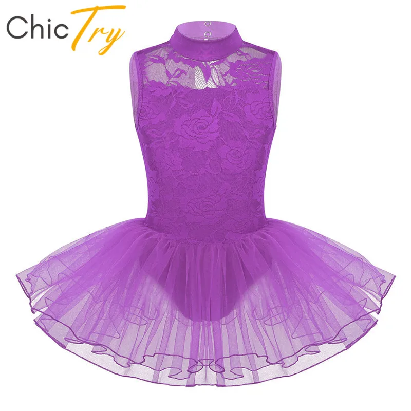 

ChicTry Kids Teens Mock Neck Sleeveless Lace Mesh Tutu Ballet Dress Ballerina Dance Costume Girls Dancewear Gymnastics Leotard