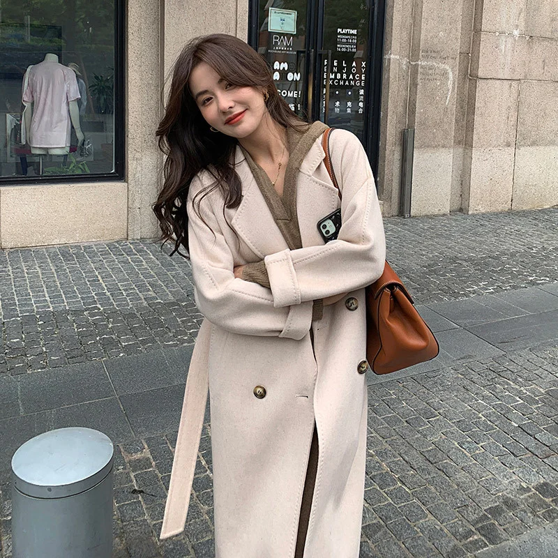 

Autumn and winter new Korean double-sided wool coat women's medium and long loose over knee suit collar cashmere wool coat