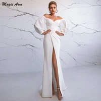 magic awn modest white satin wedding dresses mermaid side slit off the shoulder puffy sleebes simple bridal gowns robes mariee