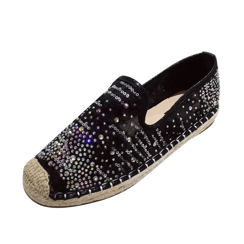 

Shoes Woman 2021 Crystal Loafers With Fur Female Footwear Slip-on Autumn Shallow Mouth Round Toe Casual Sneaker New Rhinestone D