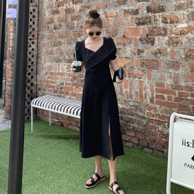 

Mazefeng 2020 New V-neck Elegant Dresses Women Puff Sleeve Fashion A-Line Solid Color Dresses Slim Retro Design Dress for Women