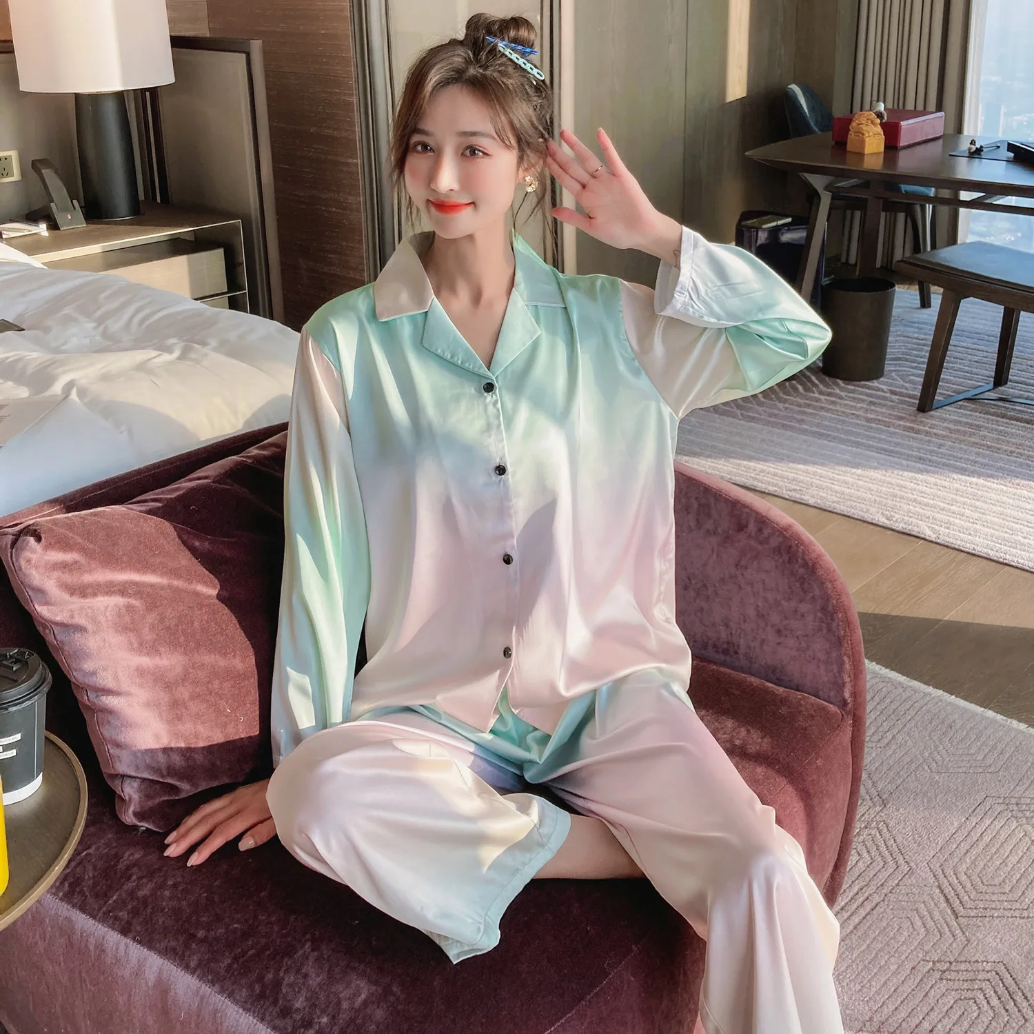 

Pygama Femme Nightwear New Pimk Pyjamas Spring Silk Satin Pajamas Set Women Soft Simple Ladies Kawaii Pajamas Homewear Sets