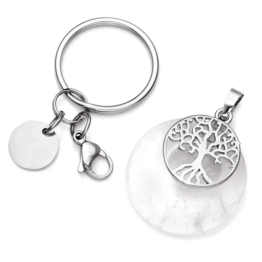 FYJS Unique Silver Plated Circle Lobster Clasp Round Hollow Natural Rock Crystal Key Chain Tree of Life Jewelry | Украшения и