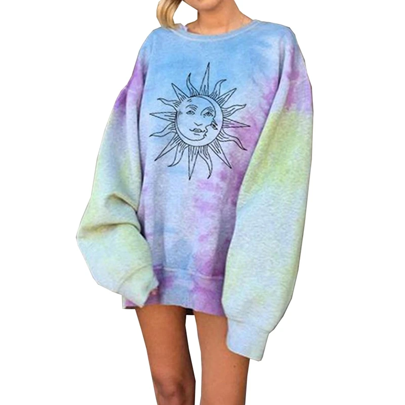 

Women Crew Neck Long Sleeve Sweatshirt Tie-Dye Rainbow Colorful Graffiti Printed Pullover Hoodies Casual Loose Trim Streetwear