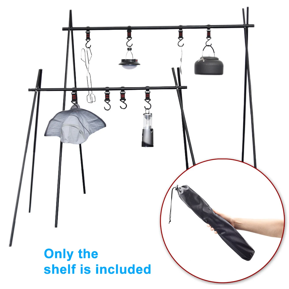 

Foldable Aluminum Alloy Outdoor Hiking Camping Hanging Rack Lightweight For Cookware Clothes Picnic Triangle Shelf With 4 Hooks