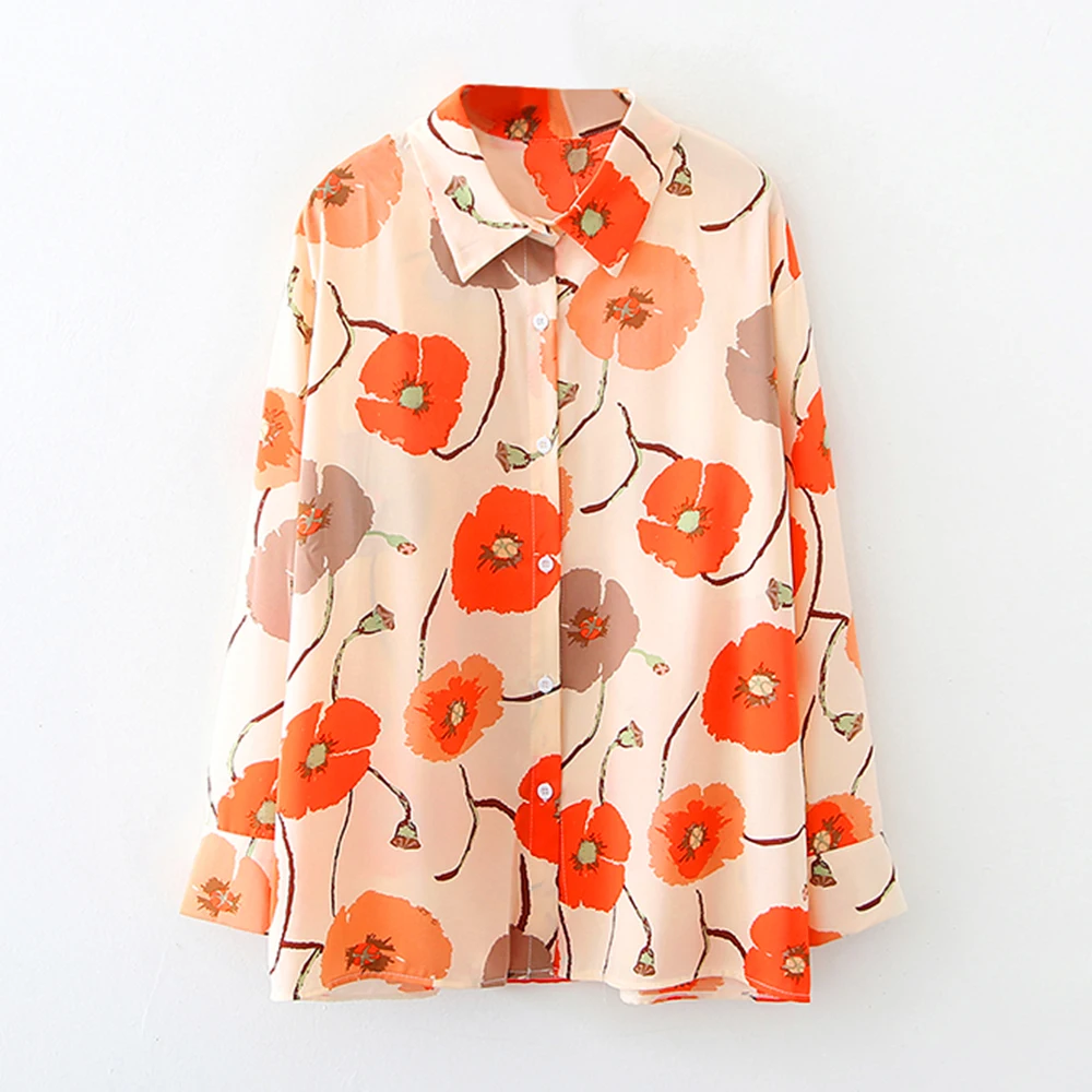 

Блузка женская с отложным воротником и длинным рукавом, винтажный топ с цветочным принтом, Повседневная Свободная рубашка на пуговицах, мод...