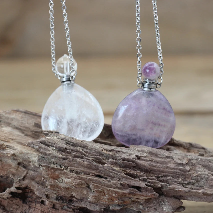 

Drops Natural Fluorite Essential Oil Vial Pendants Necklace Healing Crystal Quartz Perfume Bottle Charms Chains Jewelry QC1053