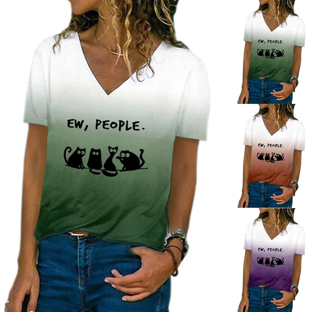 

Womens Summer Short Sleeve T Shirt Ladies V Neck Printed Tops Casual Blouse Tee