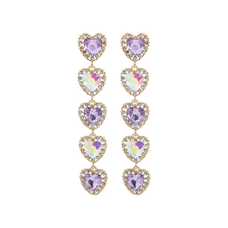 

Super Pretty Pink Purplr Water Crystal 5Pcs Heart Connact Long Tassels Pendant Stud Earrings For Women Girls Fashion Jewelry