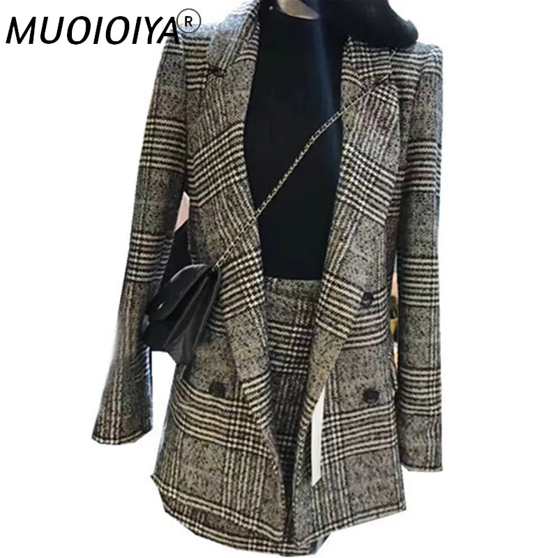

2021 Autumn Winter Runway Designer Tweed Formal Skirt Suits For Women Office Lady Plaid Blazer Jacket Top Mini Skirt 2 Piece Set