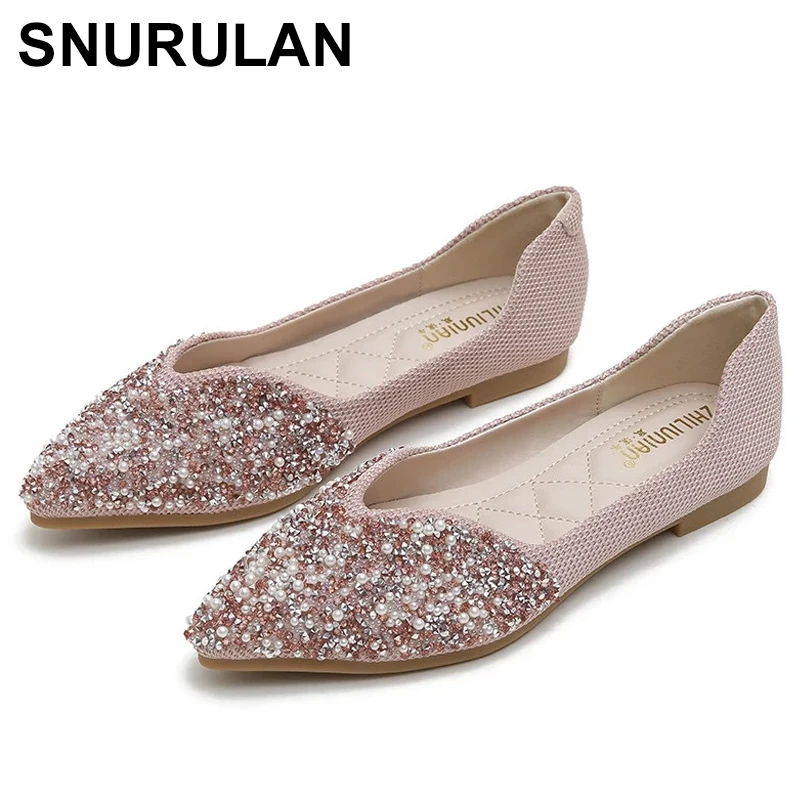 

SNURULAN2021 Women Fashion Flats Shoes Pointed Toe Crystal Bling Bling Boat Shoes Slip On Soft Pink Sweet Footwear Girls Big Siz