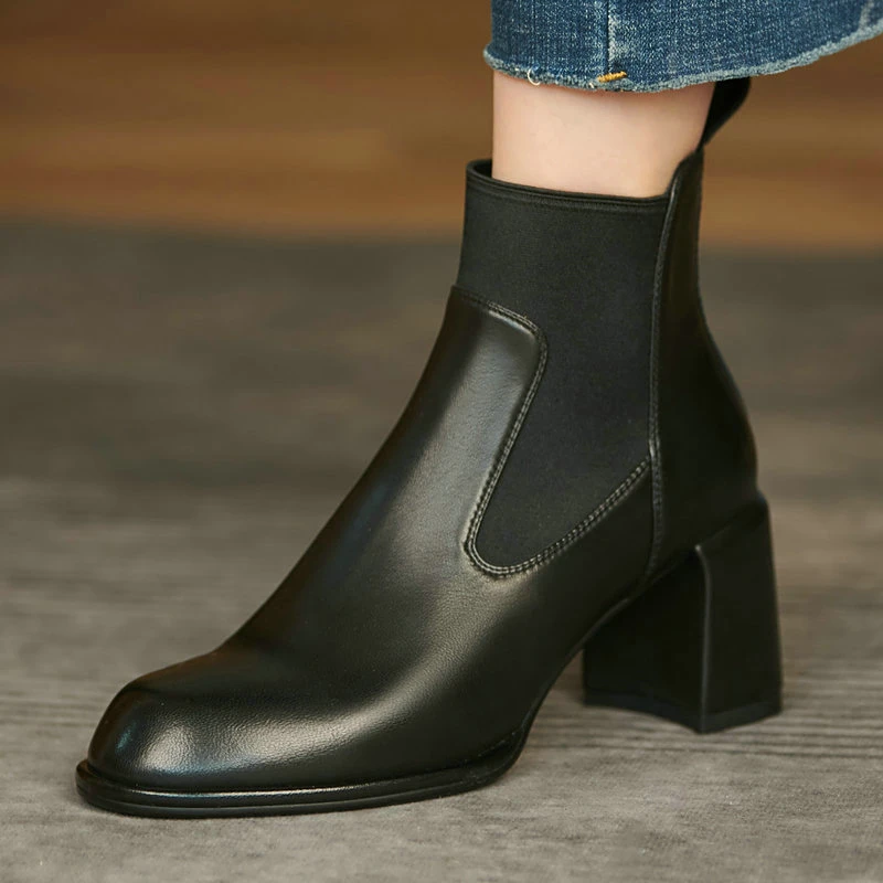 

Genuine Leather Office Lady Casual Boots Top Qaulity Ankle Boots 2021 Autumn Newest Chunky high Heels Shoes Woman Winter