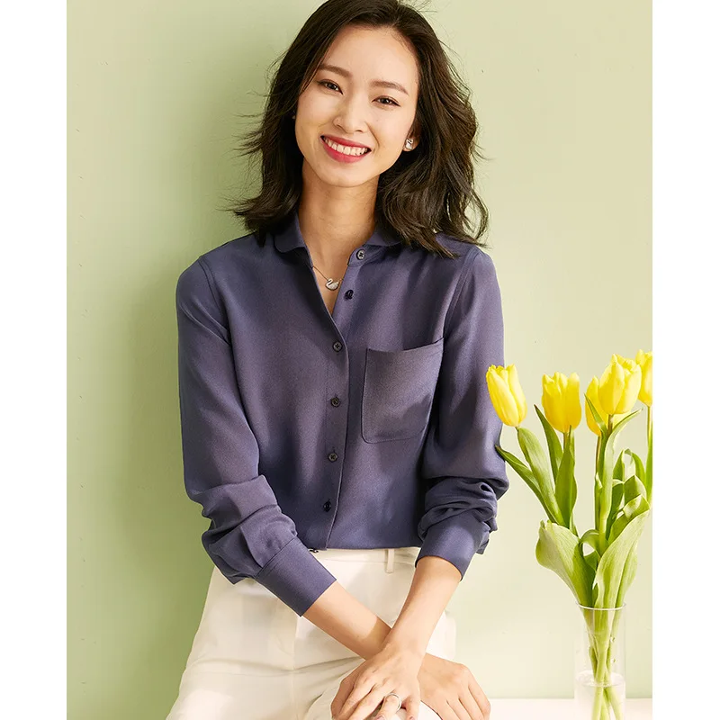 

2020 Spring new elegant causal women's high quality 30 momme heavy 100% silk blouse shirt with pocket