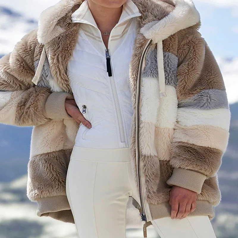 

Autumn and winter loose multicolor stitching hooded plush coats and jacket women
