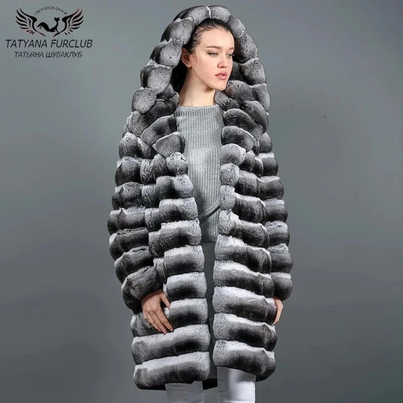 Winter Fashion Long Fur Coat With Hood Warm Overcoats Whole Skin Genuine Rex Rabbit Fur Jacket Chinchilla Color Fur Coats Woman