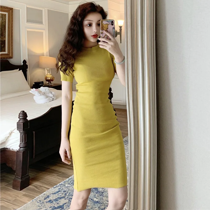 

Women Sexy Dress Solid Color Short Sleeve Round Collar Summer Girls Casual Tight Dress PP491