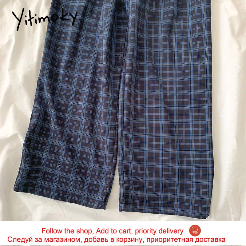 

Yitimoky Plaid Pants Women High Waist Elastic Wide Leg Pants Loose Plus Size Clothes Casual Summer 2021 New Korean Style Fashion