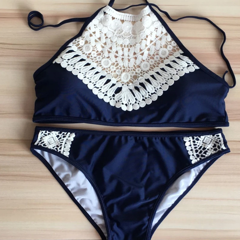 

2pcs Women Swimsuit Bikini Set Push-Up Padded Top High Waist Pure Color Knitted Hollow Sexy Lace Thongs Swimwear 2021 Beachwear