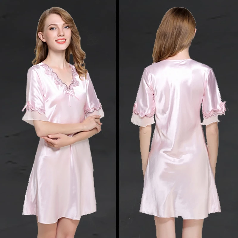 Lace Night Dress Sexy Silk Satin Sleepwear Short Sleeve Nighty V-neck Nightgown Lace Nightwear Women Summer Home Soft Clothing