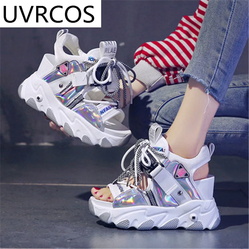 

Women Chunky Platform Sandals Fashion Summer Mixed Colors 9cm Wedge Female Beach Shoes Sweet Campus Style Open Toe High Heels