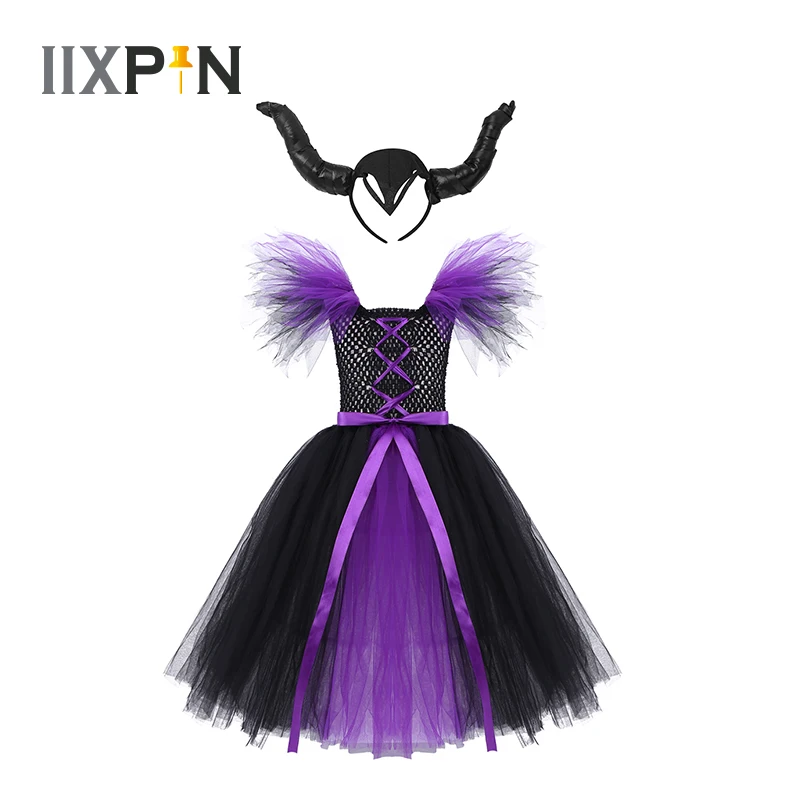 

Girl Cosplay Witch Dress With Horns Hair Hoop Children Fantasy Halloween Carnival Party Costume Baby Girl Cosplay Dress Clothes