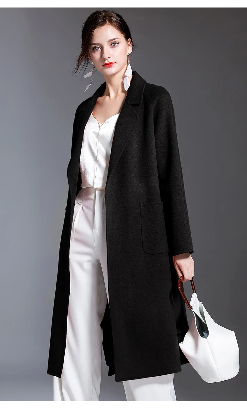 

lady 2020 high-end pink color slim cashmere coat with belt women mid-length woolen coats Overcoat clothes outwears black female