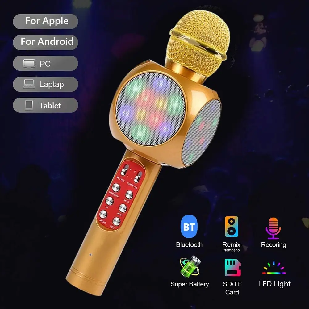 

New Home Karaoke Wireless Bluetooth Colorful LED Speaker Condenser Microphone Mic For Music Playing Singing Speaker Player