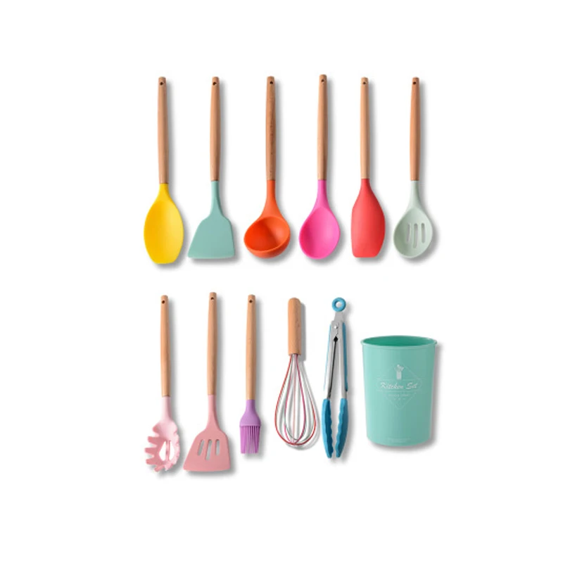 

12-Piece Colorful Silicone Kitchenware Set Non-Stick Pan Cooking Spatula Spoon Wooden Handle Box High Temperature Resistance
