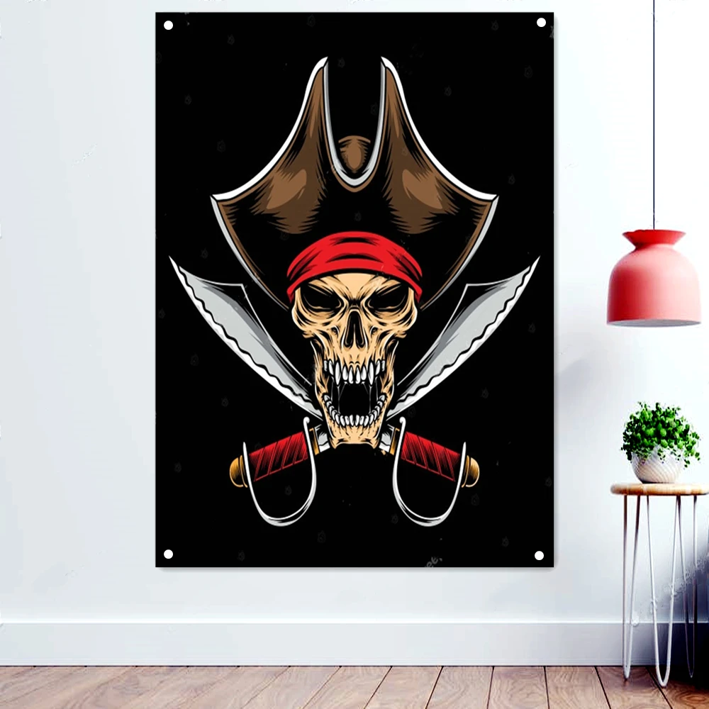 

Pirate Flag With 4 Grommets Skull and Cross Crossbones Sabres Swords Banner Wall Art Jolly Roger Vintage Wall Hanging Home Decor