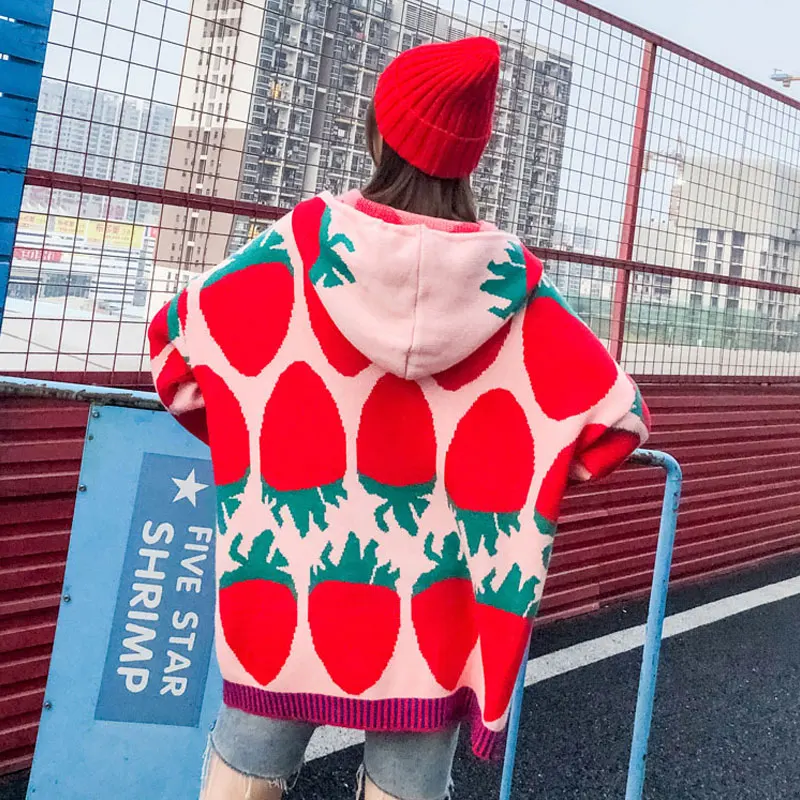 

2020 Spring And Winter Strawberry Pattern Knit Sweater Women loose street style Knitting Sweater Hooded Oversize