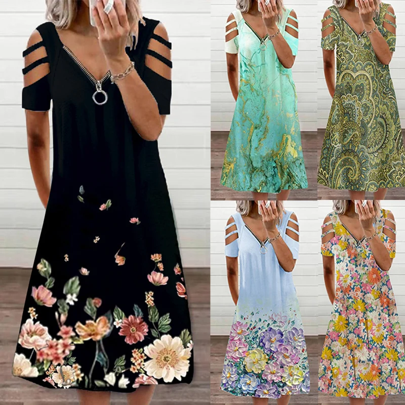 

Zipper Floral Print Short Sleeve Dress Women Sexy Summer V Neck Casual Elegant Vintage Plus Size Hollow Out Dresses Streewear