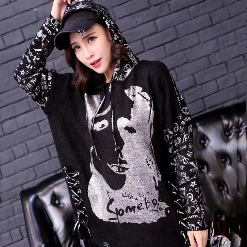 Tide Hit Color Letter Bronzing Print Sweater Women Clothes 2019 Fashion Hoodies Full Sleeve Match All Lace ups Sweaters | Женская одежда