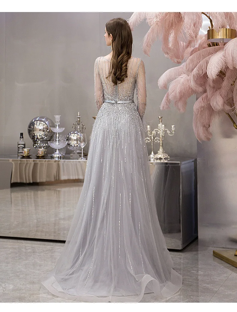 Вечернее платье с длинными рукавами тонкий кристалл бисером серый длинный