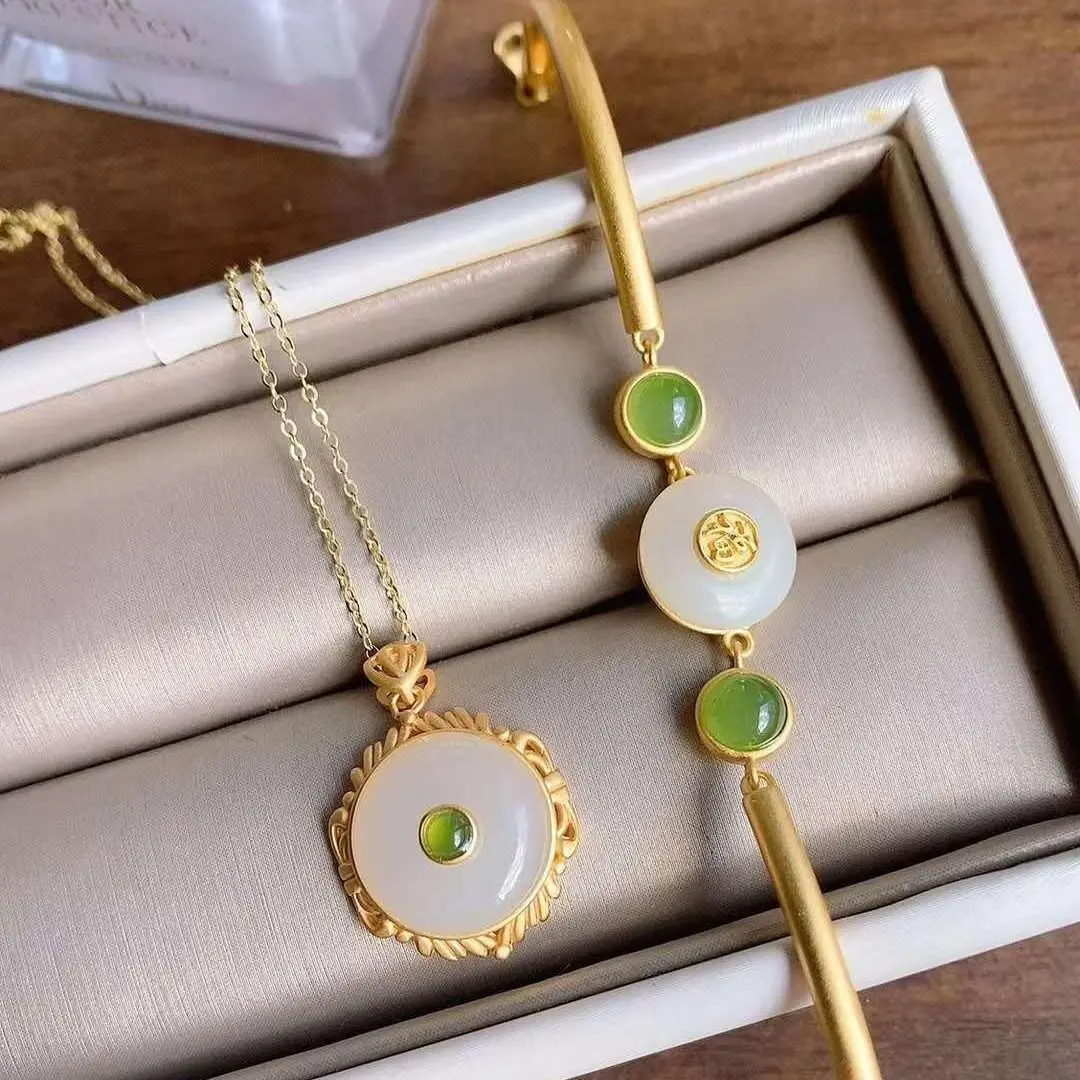 

2021Hot Sale Chinese Style Jade Necklace Women's Inlaid Hetian Jade Safety Bucklent Jade Vintage Necklace Women's Ethnic Styl