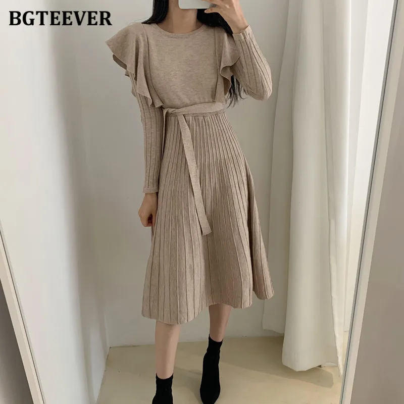 Платье-Свитер BGTEEVER женское трикотажное с оборками и длинным рукавом | Женская