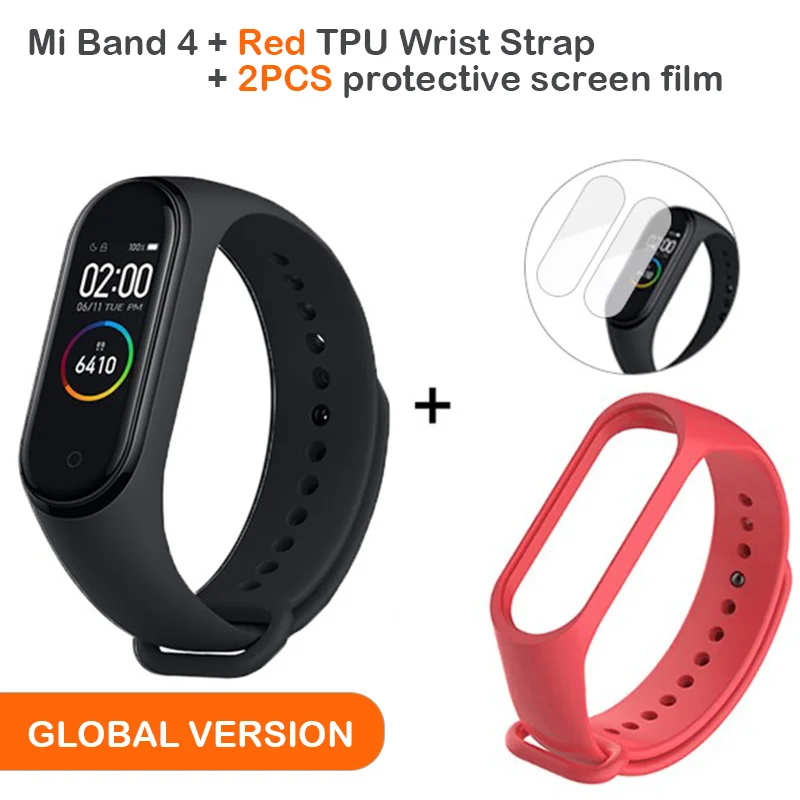 Add Red Strap Глобальная версия, Xiaomi Mi, 4 смарт-браслет, AMOLED экран, Smartband, фитнес-браслет, Bluetooth, спортивный, водонепроницаемый - Цвет: Add Red Strap