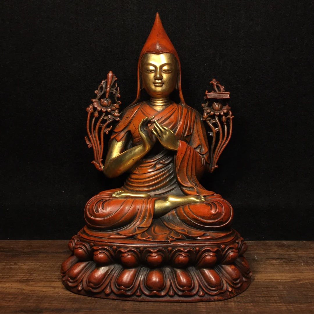 

9"Chinese Folk Collection Old Bronze Gilt Real gold Tsongkhapa Tibetan Buddha Sitting Buddha Ornaments Town House Exorcism