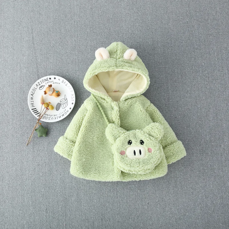 Green Pig bag Зимняя теплая куртка принцессы с капюшоном и милыми заячьими ушками для маленьких девочек; вечерние пальто; теплая верхняя одежда для детей; casaco roupas de bebe - Цвет: Green Pig bag