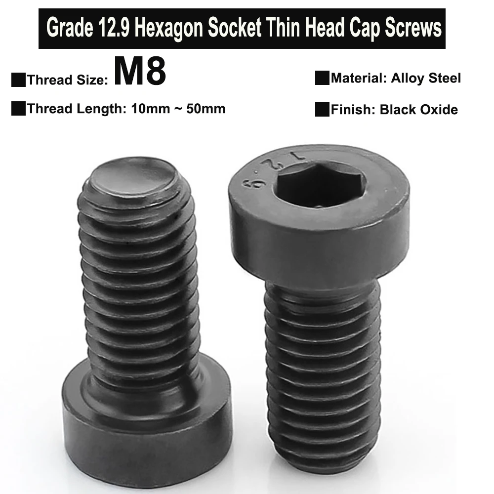 

3Pcs M8x10mm~50mm Grade 12.9 Alloy Steel Hexagon Socket Thin Head Cap Screws Black Oxide Plated DIN7984