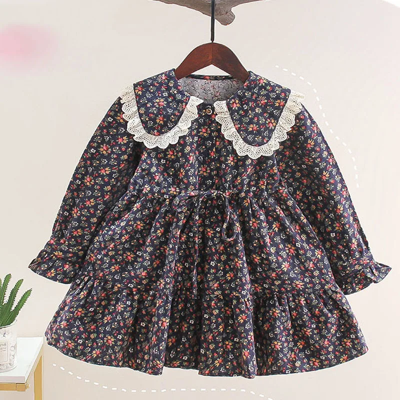 

Dresses for Girls Autumn Winter Lace Collar Children Floral Dress Long Sleeve Casual Comfortable 100% Cotton School Kids Clothes