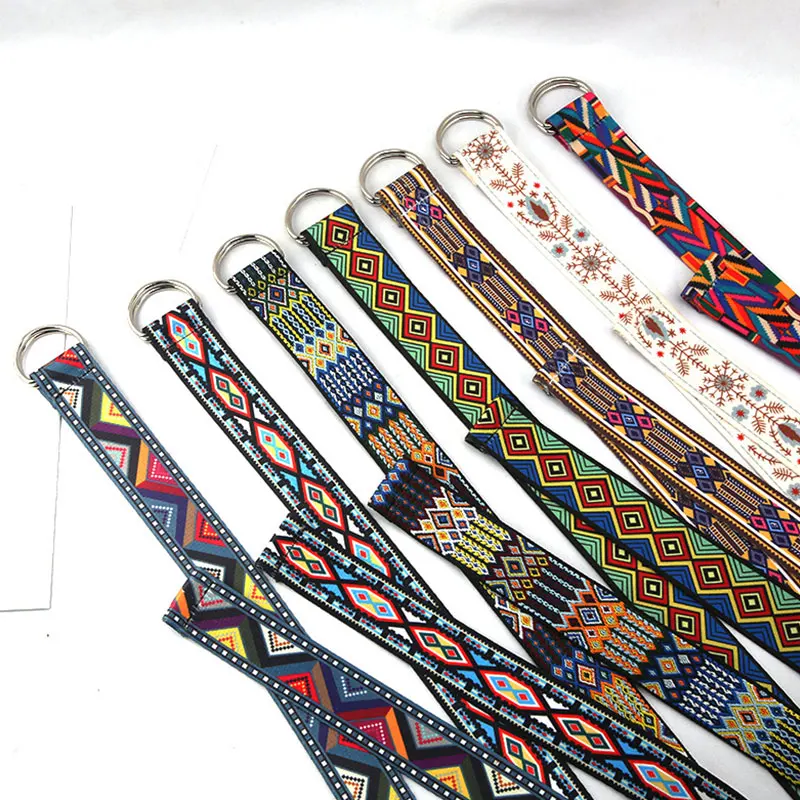 

Bohemian Print Canvas Belt For Women Metal D Ring Buckle Harajuku Waist Strap Jean Dress Trouser Female Men Decoration Waistband